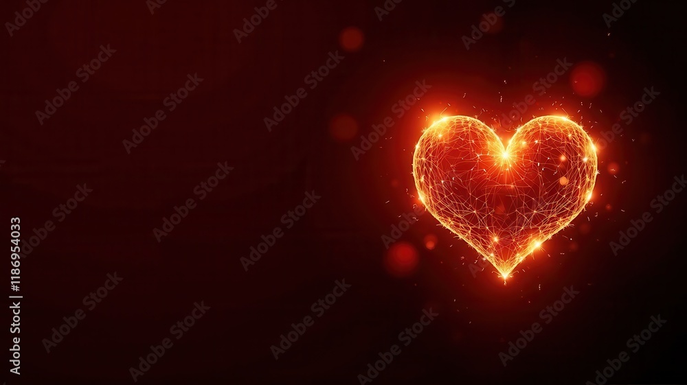 Poster glowing heart shape with circuit pattern design emanating warm light on dark background for romantic
