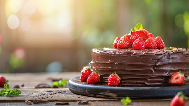 Delicious Chocolate Cake Topped with Fresh Strawberries on Wooden Table Surrounded by Soft Natural Light