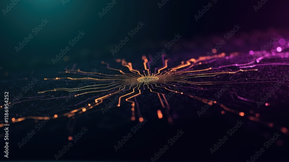 Poster abstract illustration of a circuit board with vibrant glowing pathways, representing interconnected 