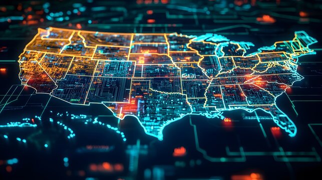 USA map, digital network, futuristic overlay, data analysis
