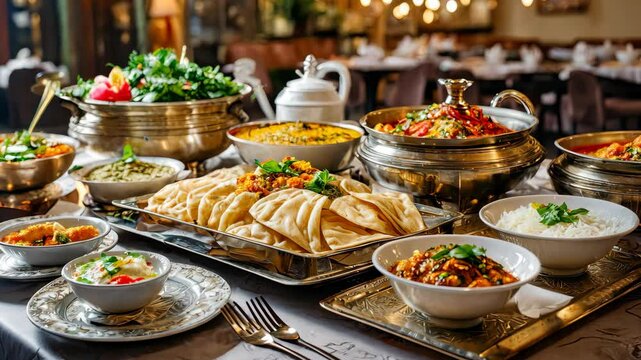 Traditional indian cuisine with various dishes and naan bread is served on a decorated table.