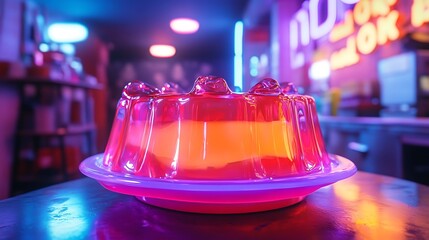 A futuristic jelly dessert with glowing edges served in a neon-lit bakery 
