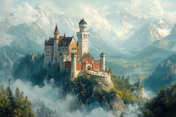Majestic castle perched on a mountain edge surrounded by misty landscapes and towering peaks