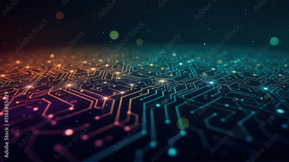 Poster abstract representation of circuit network with glowing lines and dots on dark background, illustrat