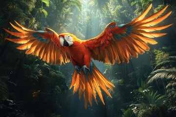 Vibrant macaw in flight through a lush tropical rainforest with sunlight streaming in