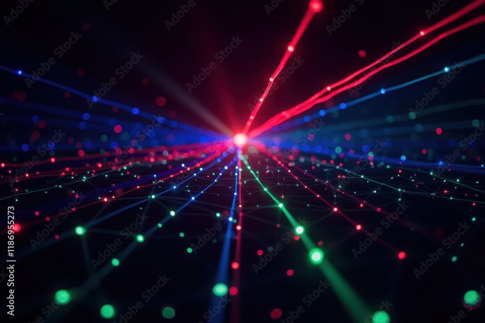 Poster illuminating pathways through a colorful network of light, representing connection and technology in