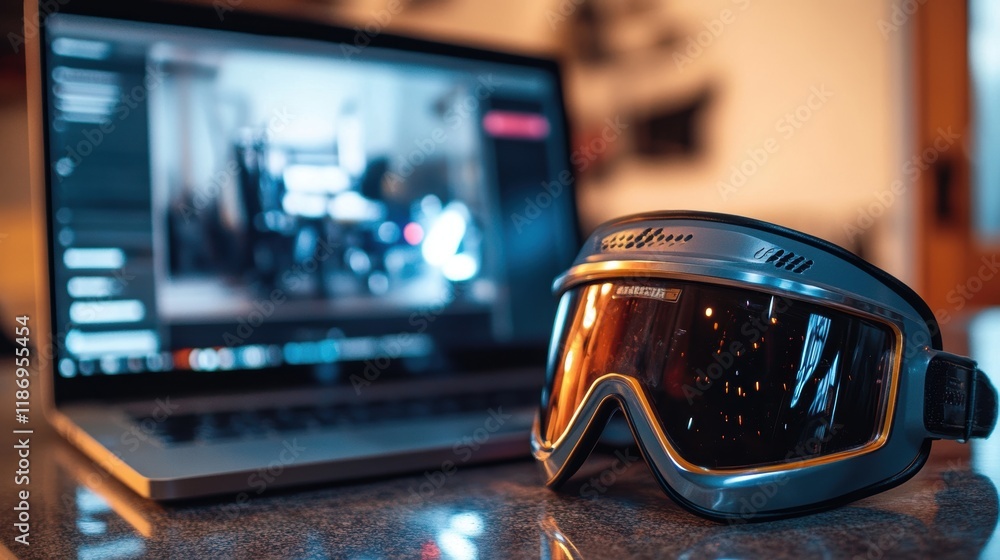 Poster ski goggles lie on a table in front of an open laptop displaying video editing software, showcasing 