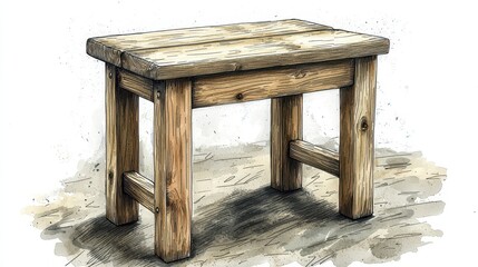 Rustic wooden stool, simple design, weathered wood.