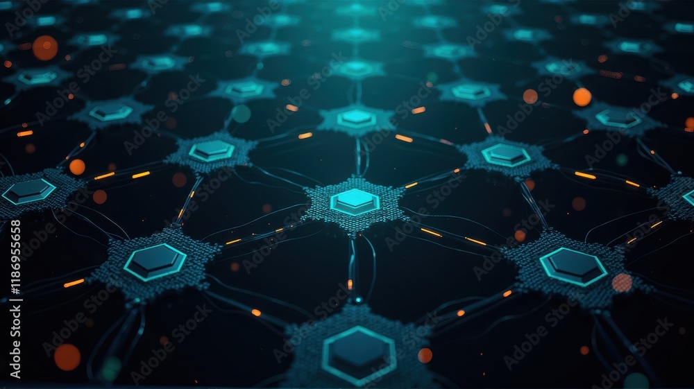 Poster abstract digital grid network illustration with hexagonal nodes and glowing connections representing
