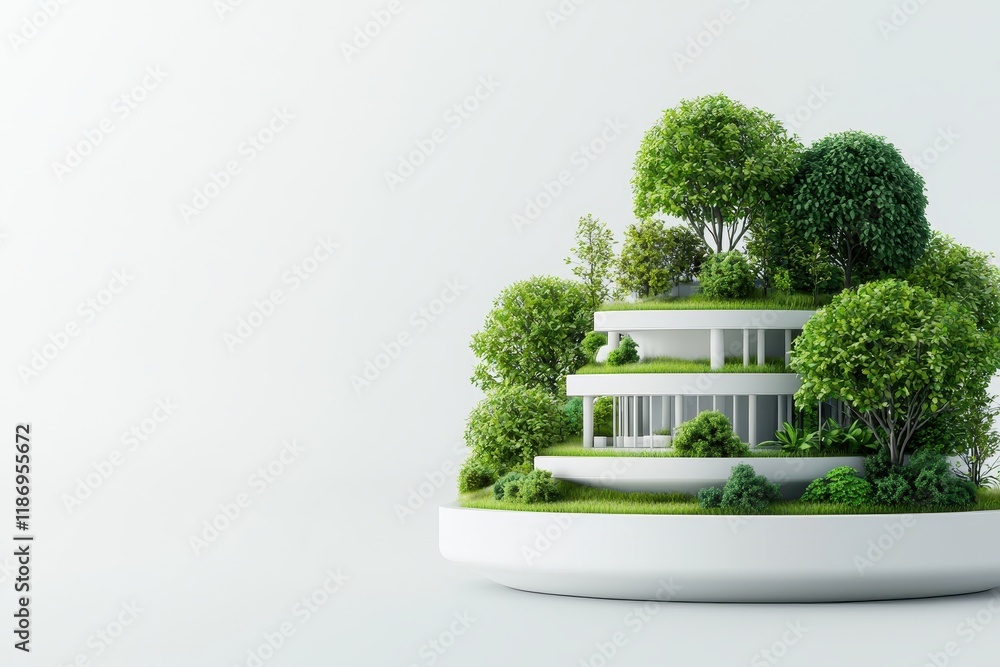 Poster a miniature model of a multi-tiered building surrounded by lush greenery and trees, showcasing susta