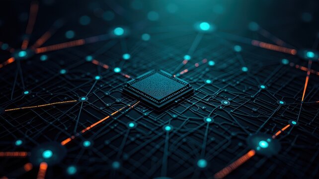 Abstract technological background featuring a central processor surrounded by a network of glowing nodes and intricate grid patterns, symbolizing connectivity and data flow.