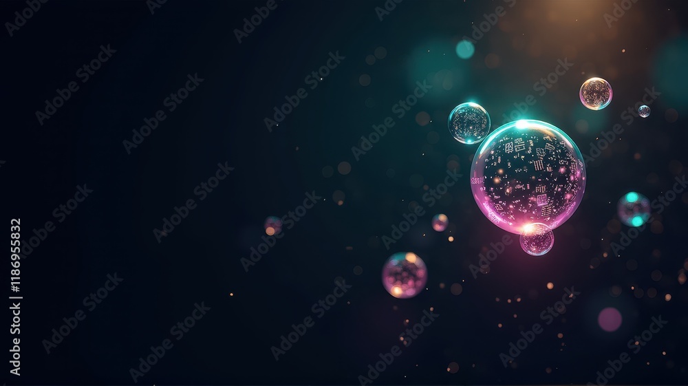 Poster ethereal light reflections and colorful bubbles in a stylish dark background creating a dreamy and m