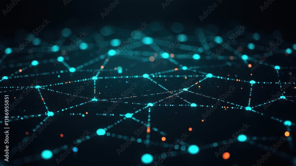 Poster futuristic digital network grid displaying interconnected nodes and vibrant light effects in a techn