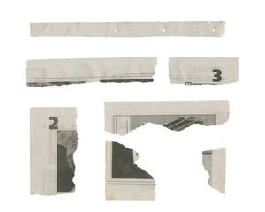Set of torn pieces of newspaper isolated on transparent background.