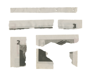 Set of torn pieces of newspaper isolated on transparent background.