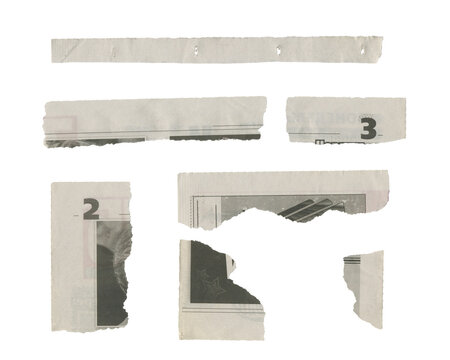 Set of torn pieces of newspaper isolated on transparent background.