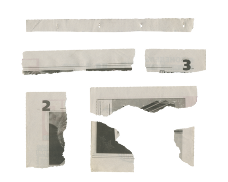 Set of torn pieces of newspaper isolated on transparent background.
