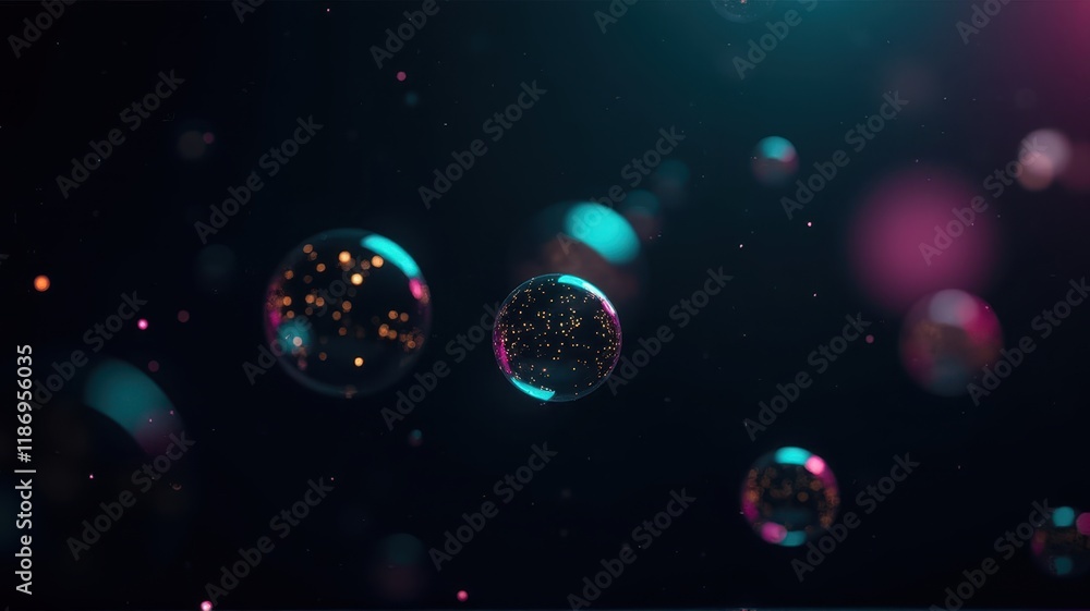 Poster vibrant and ethereal light reflections in colorful bubbles floating in a dark space with shimmering 