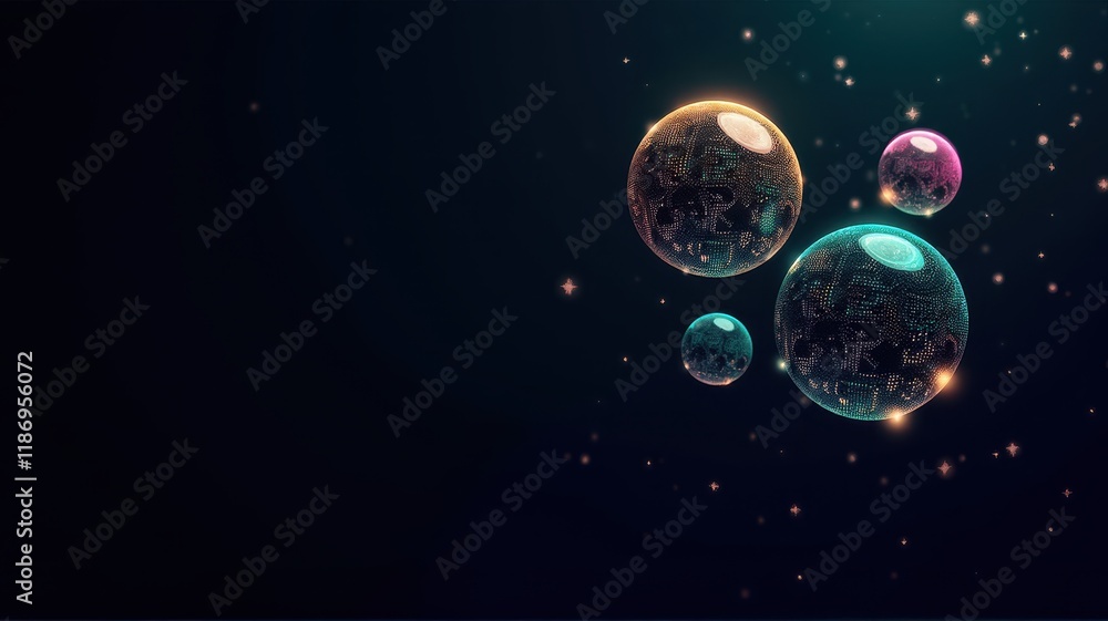 Poster colorful and shimmering bubbles with light reflections against a dark background ideal for creative 