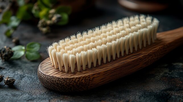 Close-up of a wooden body brush with natural bristles on a dark surface.