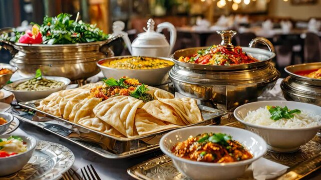 Traditional indian cuisine with various dishes and naan bread is served on a decorated table.