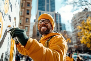 A cheerful artist in a bright yellow outfit creates vibrant street art in a bustling urban area, capturing the essence of creativity and joy in city life.