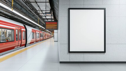 A modern subway station with a blank billboard, showcasing a red train on the platform, highlighting urban transportation and design.