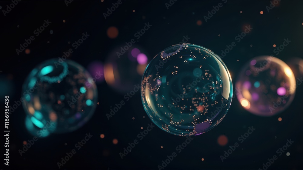 Aufkleber ethereal light reflections in colorful bubbles hovering in dark background, capturing the essence of