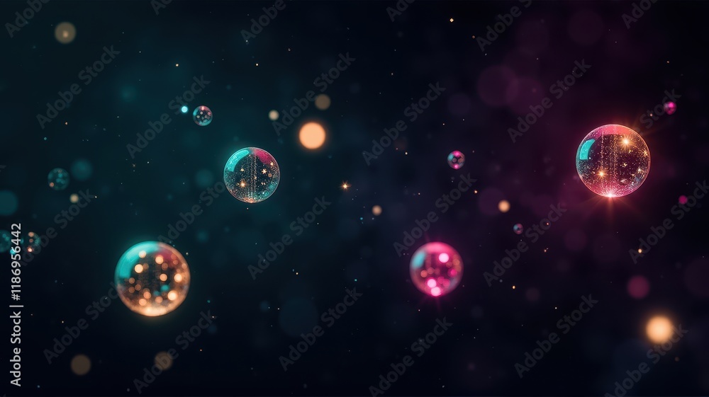 Poster colorful light bubbles floating in a dark space with sparkles and glowing effects for creative backg