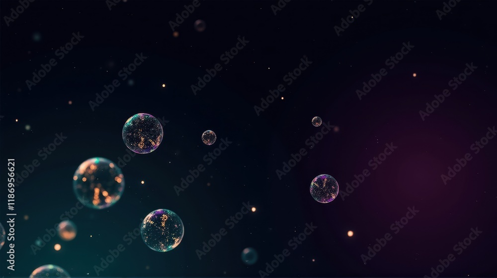 Poster ethereal bubbles floating through a dreamy light illumination in a dark background creating a magica