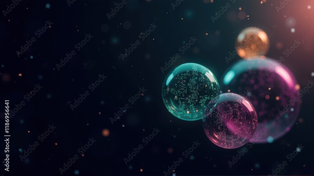 Poster ethereal light reflections and colorful bubbles floating gently in a mystic atmosphere perfect for c