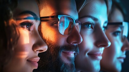 Close up profiles of young professionals looking towards shared goal, illuminated by dynamic lighting, symbolizing teamwork, innovation, and future success in technology or business