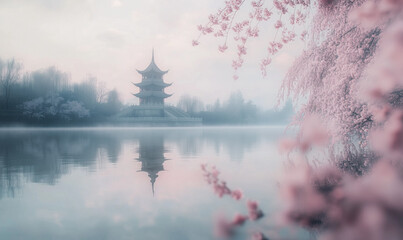 Serene pagoda with cherry bloom
