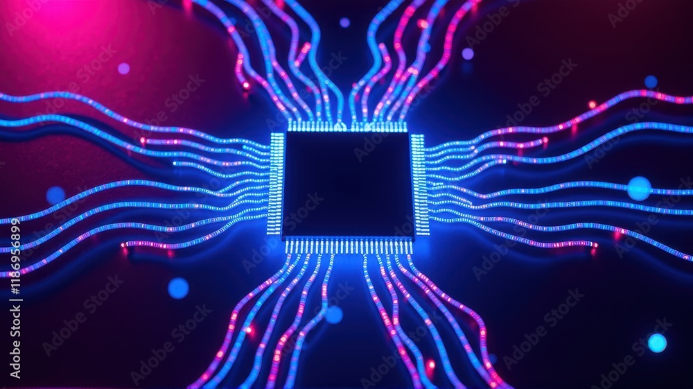 Poster vibrant light patterns flowing from the center of a microchip: abstract technology concept with neon
