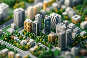 A vibrant miniature cityscape featuring modern buildings, lush greenery, and a structured layout, showcasing urban design and architectural creativity.