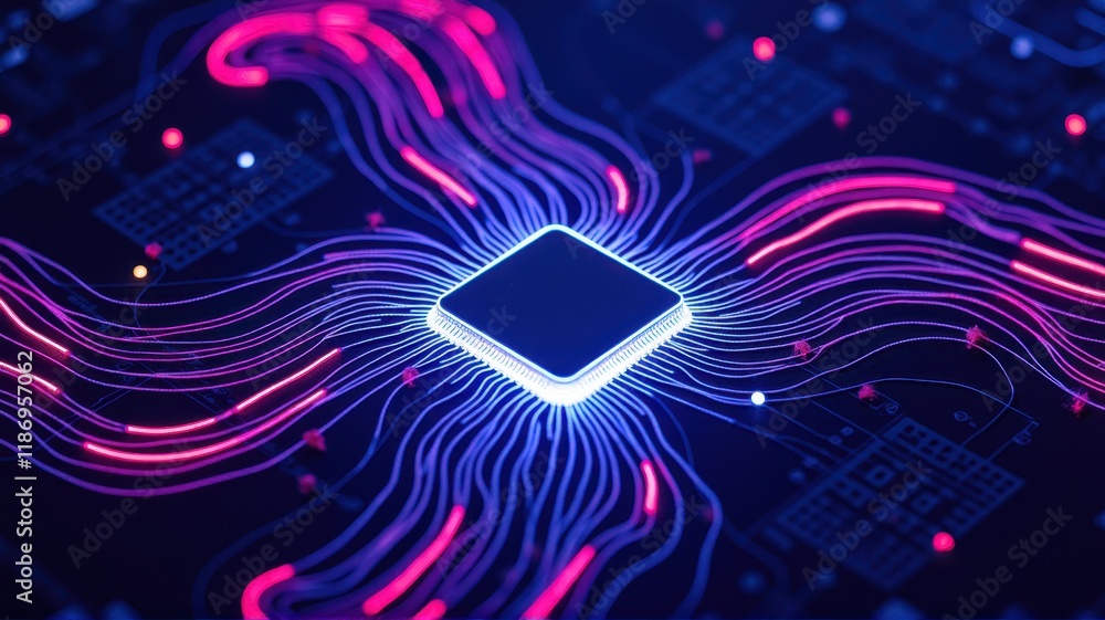 Poster abstract digital circuit with light trails surrounding a central processor chip, representing innova