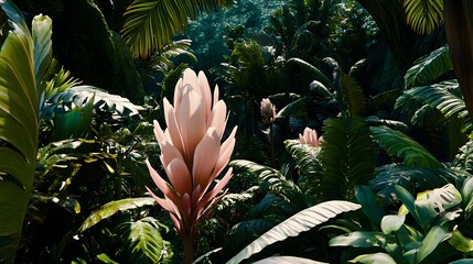 Obraz premium Lush Tropical Landscape with Beautiful Flowers and Foliage Details