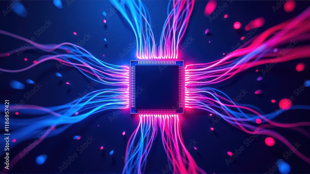 Poster futuristic digital circuitry with glowing light effects surrounding a central processor on a dark ba