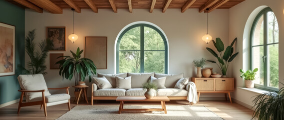 sunlit living room with beige sofa wooden furniture