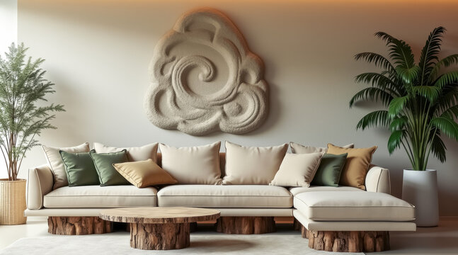 beige sectional sofa modern living room with wooden accents