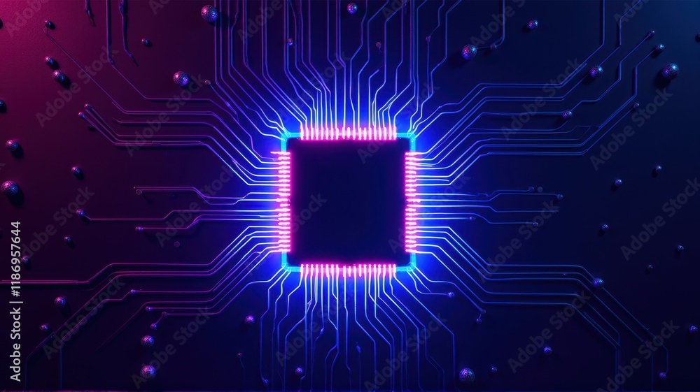 Poster abstract digital circuit board with colorful lights in the center, emphasizing technology and innova