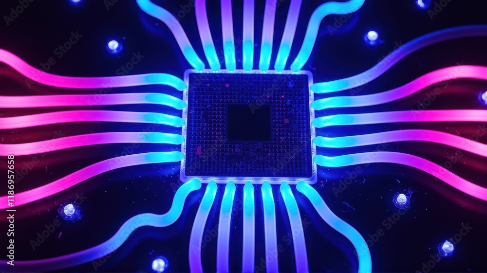 Poster abstract close-up of a colorful circuit board with neon lights emphasizing center design and radiati