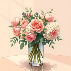 Obraz premium Peach roses and white hydrangeas in a glass vase.