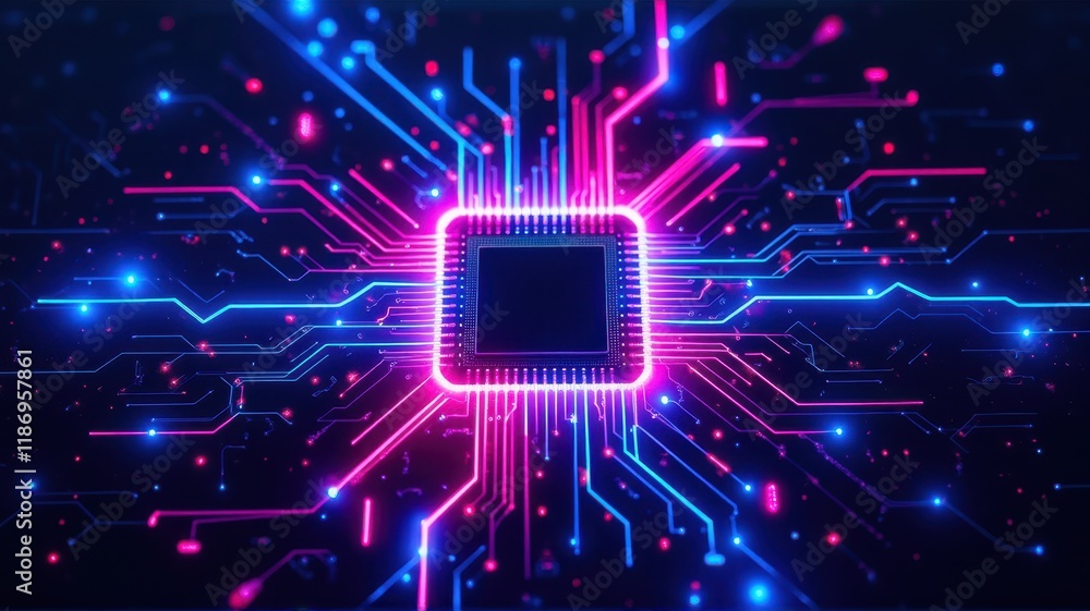 Poster futuristic microchip surrounded by vibrant lights in a technology-inspired digital center displaying