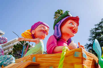 Two Giant Female Figures at the Annual  Carnival of Patras, Greece. Colorful Sculptures on a...