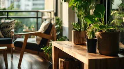 Fototapeta premium A comfortable indoor space adorned with lush plants and a cozy chair, offering a perfect environment for relaxation and tranquility each day and night.