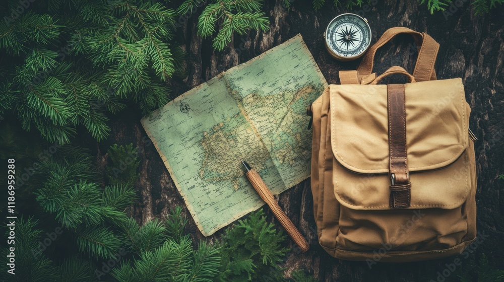 Aufkleber exploring nature with a backpack, compass, and map surrounded by lush forest greenery. generative ai