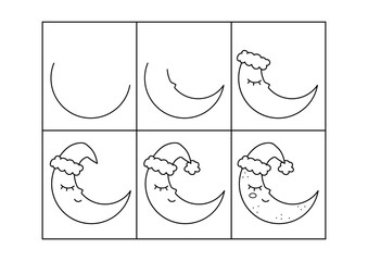 Cute moon. Step by step drawing. Coloring page, coloring book page. Black and white vector illustration.