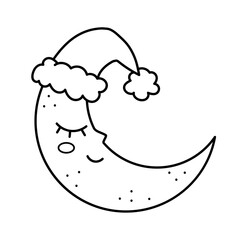 Cute moon. Cute character, black and white kawaii illustration, coloring page.