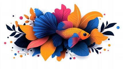 Obraz premium Vibrant betta fish art in a colorful floral arrangement. A beautiful illustration.